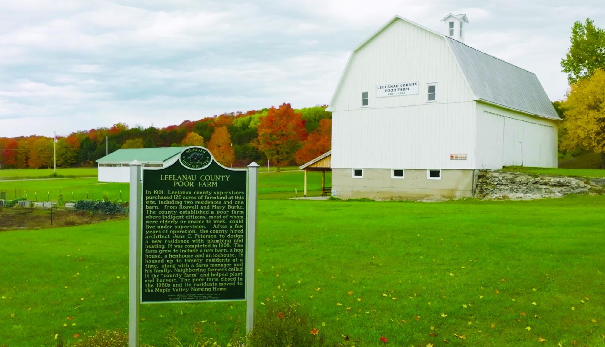 PoorFarm barn with sign